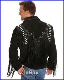 Men's Black Suede Western Leather Jacket Coat With Fringe and Bone and Beads