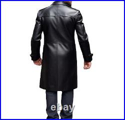 Men's Black Trench Coat 100% Genuine Leather Long Jacket Buttoned Outwear Coat