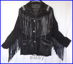 Men's Black Western Beaded Leather Jacket coat With Fringe and Beads XS to 6XL