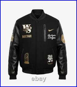 Men's Black and Gold Dodgers Bomber Jacket Wool Body Leather Sleeves Snap Front