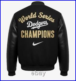 Men's Black and Gold Dodgers Bomber Jacket Wool Body Leather Sleeves Snap Front