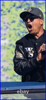 Men's Black and Gold Dodgers Bomber Jacket Wool Body Leather Sleeves Snap Front
