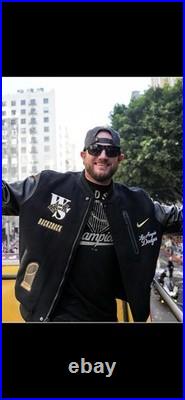 Men's Black and Gold Dodgers Bomber Jacket Wool Body Leather Sleeves Snap Front