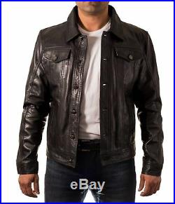 Men's Black leather Casual Fitted Denim Western Trucker Star Button Jean jacket