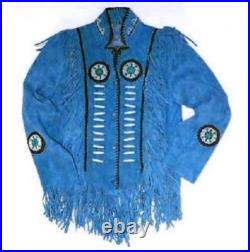 Men's Blue Traditional Western cowboy Leather coat With Fringed Bones & Beads