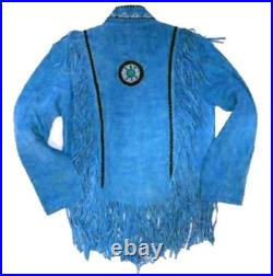 Men's Blue Traditional Western cowboy Leather coat With Fringed Bones & Beads