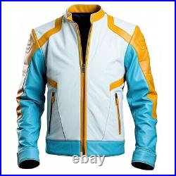 Men's Blue White leather Unique Jacket Biker Pure Lambskin Jacket Coat