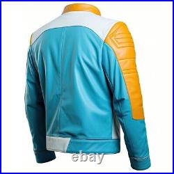 Men's Blue White leather Unique Jacket Biker Pure Lambskin Jacket Coat