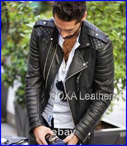 Men's Body Fit Genuine NAPA Real Leather Jacket Shoulder Strap Quilted Coat