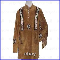 Men's Brown American Western Style Suede Leather Coat Fringes Eagle Beads-57