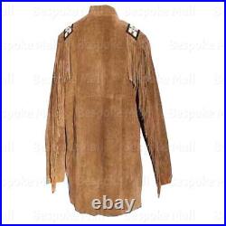 Men's Brown American Western Style Suede Leather Coat Fringes Eagle Beads-57