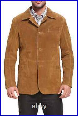 Men's Brown Blazer 100% Genuine Pure Soft Western Suede Leather Coat NFS-063