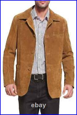 Men's Brown Blazer 100% Genuine Pure Soft Western Suede Leather Coat NFS-063