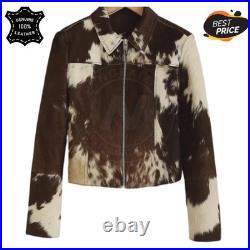 Men's Brown Cow Print Leather Jacket Natural Hair-On Hide Western Biker Style