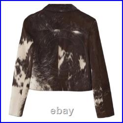 Men's Brown Cow Print Leather Jacket Natural Hair-On Hide Western Biker Style