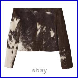 Men's Brown Cow Print Leather Jacket Natural Hair-On Hide Western Biker Style