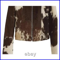 Men's Brown Cow Print Leather Jacket Natural Hair-On Hide Western Biker Style