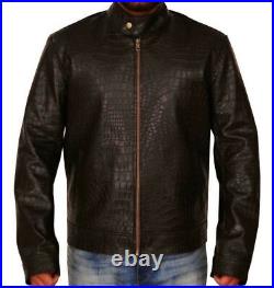 Men's Brown Crocodile Embossed Leather Jacket Genuine Leather Coat