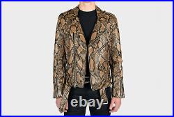 Men's Brown Exotic Snake Python Texture Leather Jacket Motorcycle Coat