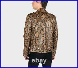 Men's Brown Exotic Snake Python Texture Leather Jacket Motorcycle Coat