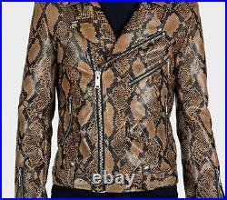 Men's Brown Exotic Snake Python Texture Leather Jacket Motorcycle Coat