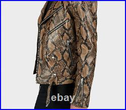 Men's Brown Exotic Snake Python Texture Leather Jacket Motorcycle Coat