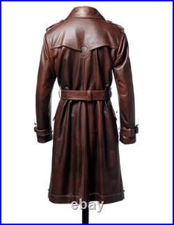 Men's Brown Leather 100% Real Lambskin Vintage Trench Coat Stylish Winter Wear