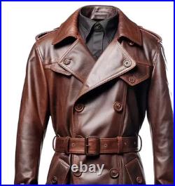 Men's Brown Leather 100% Real Lambskin Vintage Trench Coat Stylish Winter Wear