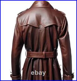 Men's Brown Leather 100% Real Lambskin Vintage Trench Coat Stylish Winter Wear