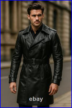 Men's Brown Leather 100% Real Lambskin Vintage Trench Coat Stylish Winter Wear