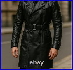 Men's Brown Leather 100% Real Lambskin Vintage Trench Coat Stylish Winter Wear