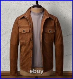 Men's Brown Leather Trucker Jacket Real Pure Suede Custom Made Coat