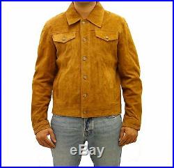 Men's Brown Suede Leather Denim Jean Styles Star Buttons Western Trucker Jacket