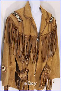 Men's Brown Traditional Western Leather Jacket coat With Fringe Bone and Beads