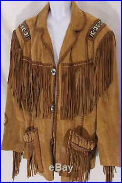 Men's Brown Traditional Western Leather Jacket coat With Fringe Bone and Beads
