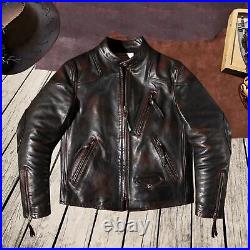 Men's Brown Vintage Crunch Cowhide Leather Jacket Motorcycle Biker Moto Coat