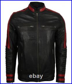 Men's Casual Actual Lambskin Leather Black Stripped Zipper Quilted Coat Jacket