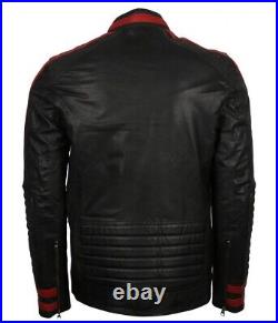 Men's Casual Actual Lambskin Leather Black Stripped Zipper Quilted Coat Jacket