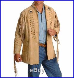 Men's Classic Leather Coat Fringe Western Cow Jacket
