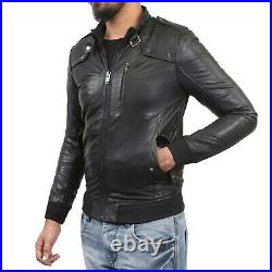 Men's Classic Soft Actual Lambskin Leather Black Premium Neck Belt Coat Jacket
