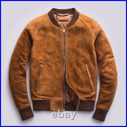 Men's Classic Suede Bomber Jacket Tan Brown Pure Suede Leather Biker Jacket