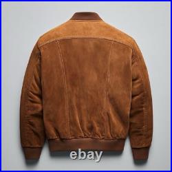 Men's Classic Suede Bomber Jacket Tan Brown Pure Suede Leather Biker Jacket