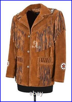 Men's Classic Western Cowboy Leather Jacket Tan Suede Beaded Fringe Leather Coat