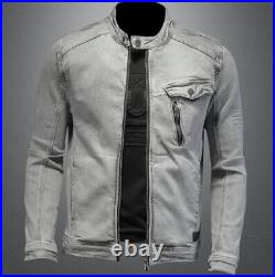 Men's Cotton Jacket Stand Collar Motor Biker Zipper Pockets Coat Hip Hop Casual