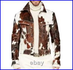 Men's Cowhide Hair on Pony Skin Jacket, Stylish Western Real Cowhide Outerwear