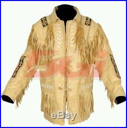 Men's Cowhide Western Cowboy Leather Jacket Coat with Fringed Bone & beads