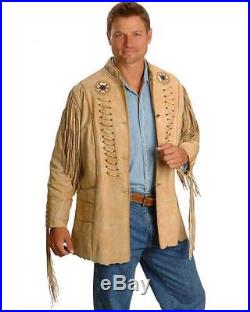Men's Cream Suede Western Biker Leather Jacket coat With Fringe, Bone and Beads
