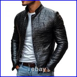 Men's Designer Black Crocodile Embossed 100% Real Leather Luxury Jacket Coat NEW
