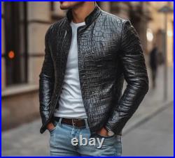 Men's Designer Black Crocodile Embossed 100% Real Leather Luxury Jacket Coat NEW