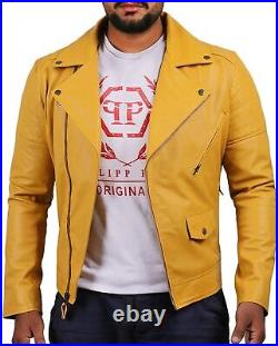 Men's Designer Yellow Leather Jacket Authentic Sheepskin Real Biker Western Coat